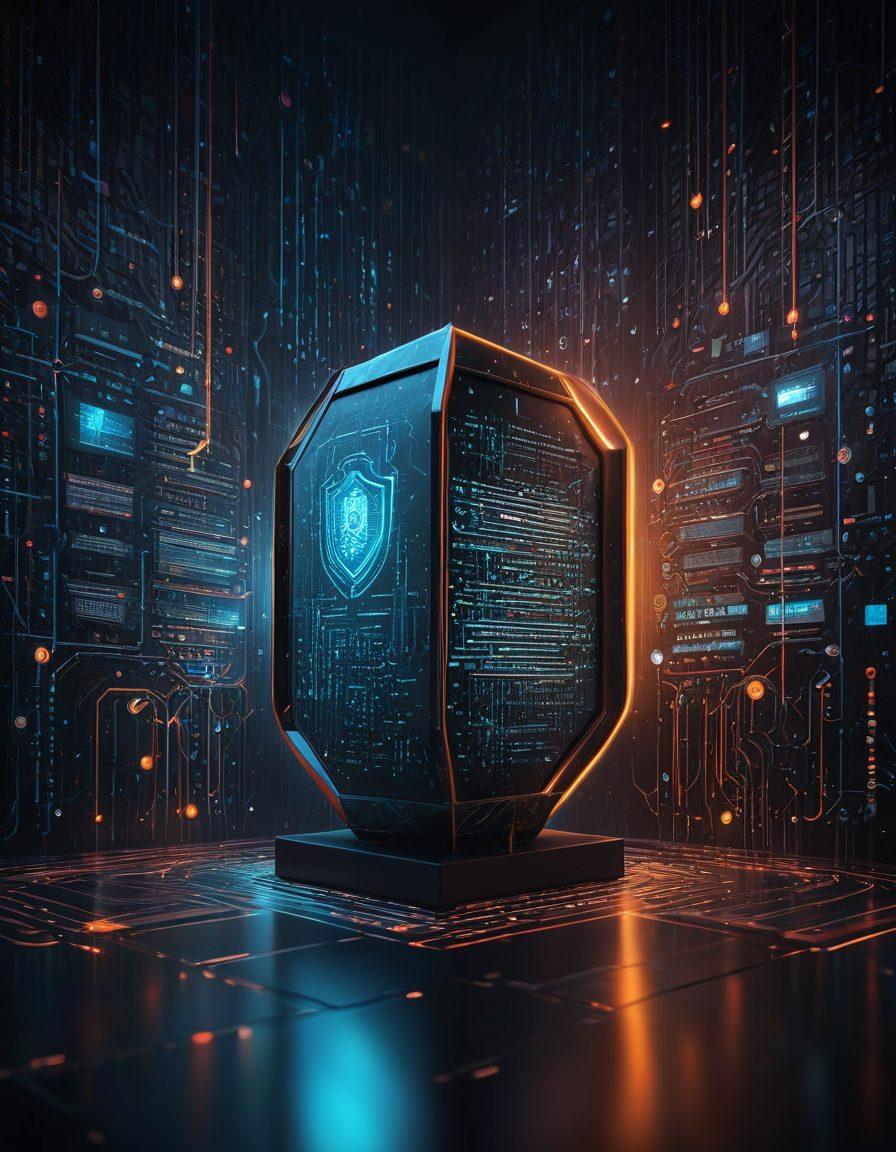 A digital fortress symbolizing cybersecurity, surrounded by multiple layers of protection like firewalls and shields, set against a dark marbled background filled with binary code and abstract malware imagery. Bright, glowing lines of defense create a pathway towards a safe haven, symbolizing solutions against threats. futuristic, super-realistic, vibrant colors, dark background.