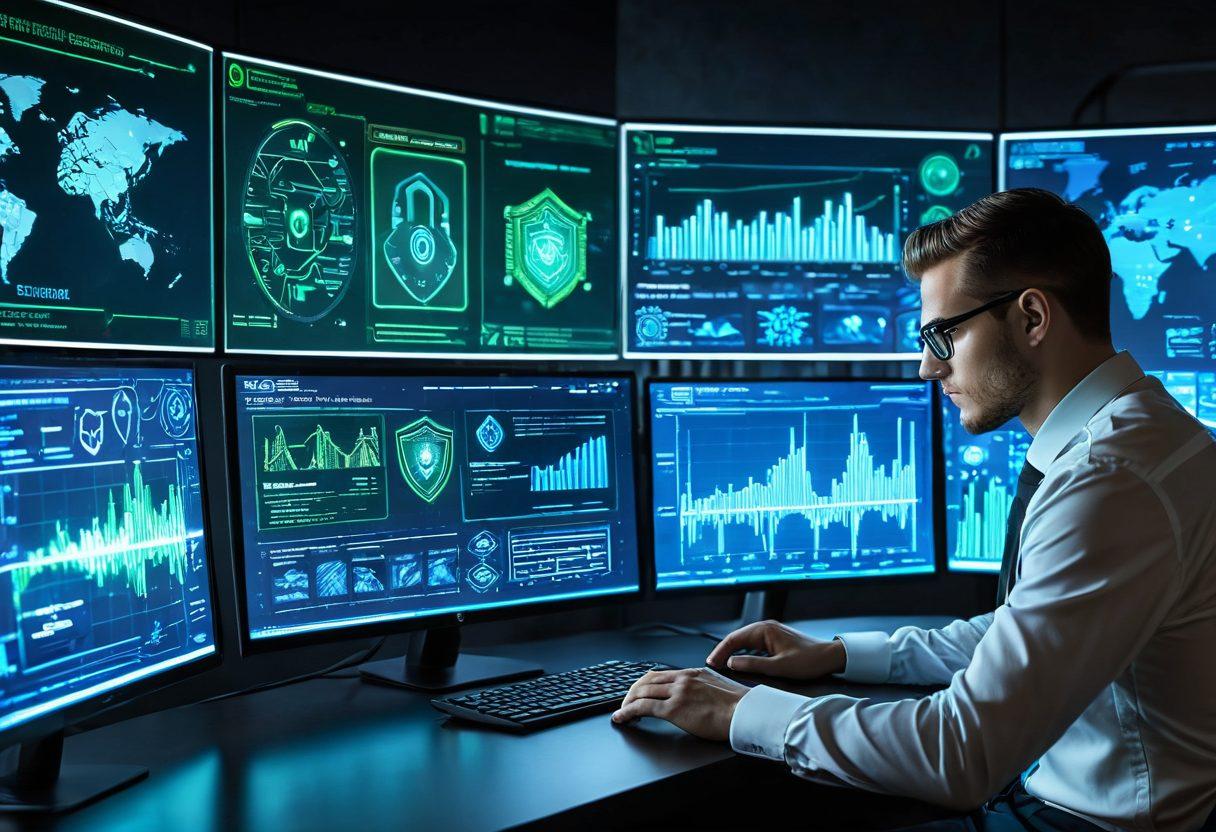 A futuristic computer screen displaying a dynamic graphics interface with various malware icons and graphs analyzing software trends. In the foreground, a vigilant cybersecurity analyst monitors the data, surrounded by floating digital shields symbolizing protection. The background features a sleek, high-tech workspace illuminated with blue and green neon lights, emphasizing a proactive approach to cybersecurity. super-realistic. vibrant colors. 3D.
