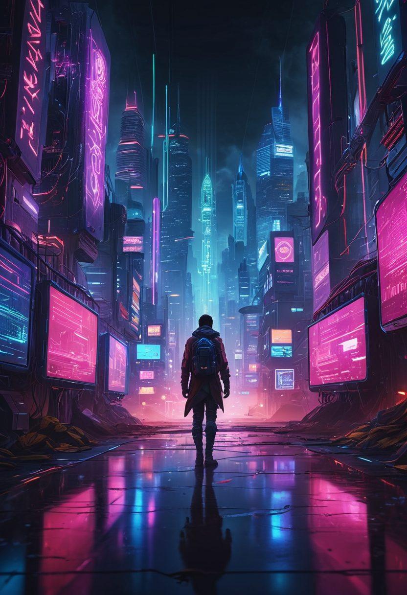 A digital landscape showcasing a sleek, futuristic computer interface surrounded by menacing shadows of malware threats in the background. Prominent imagery of shields and locks representing security, with glowing binary code flowing around them. A character, equipped with advanced tech gear, confidently navigating through this cyber realm. The scene should depict both danger and protection, illustrating the balance of threat and defense. vibrant colors. cyberpunk.